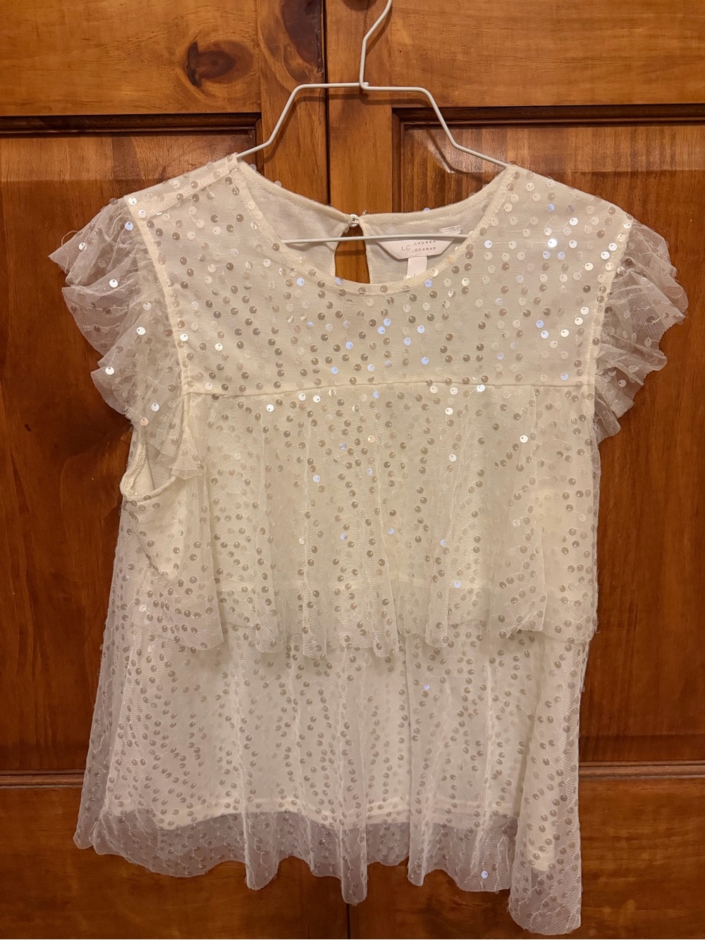 LC Lauren Conrad. Ivory Sequin Ruffle Cap Sleeve Blouse